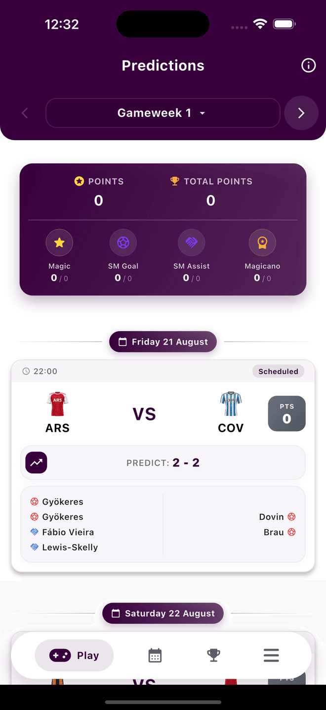 The Magicano app showing a gameweek of PL predictions